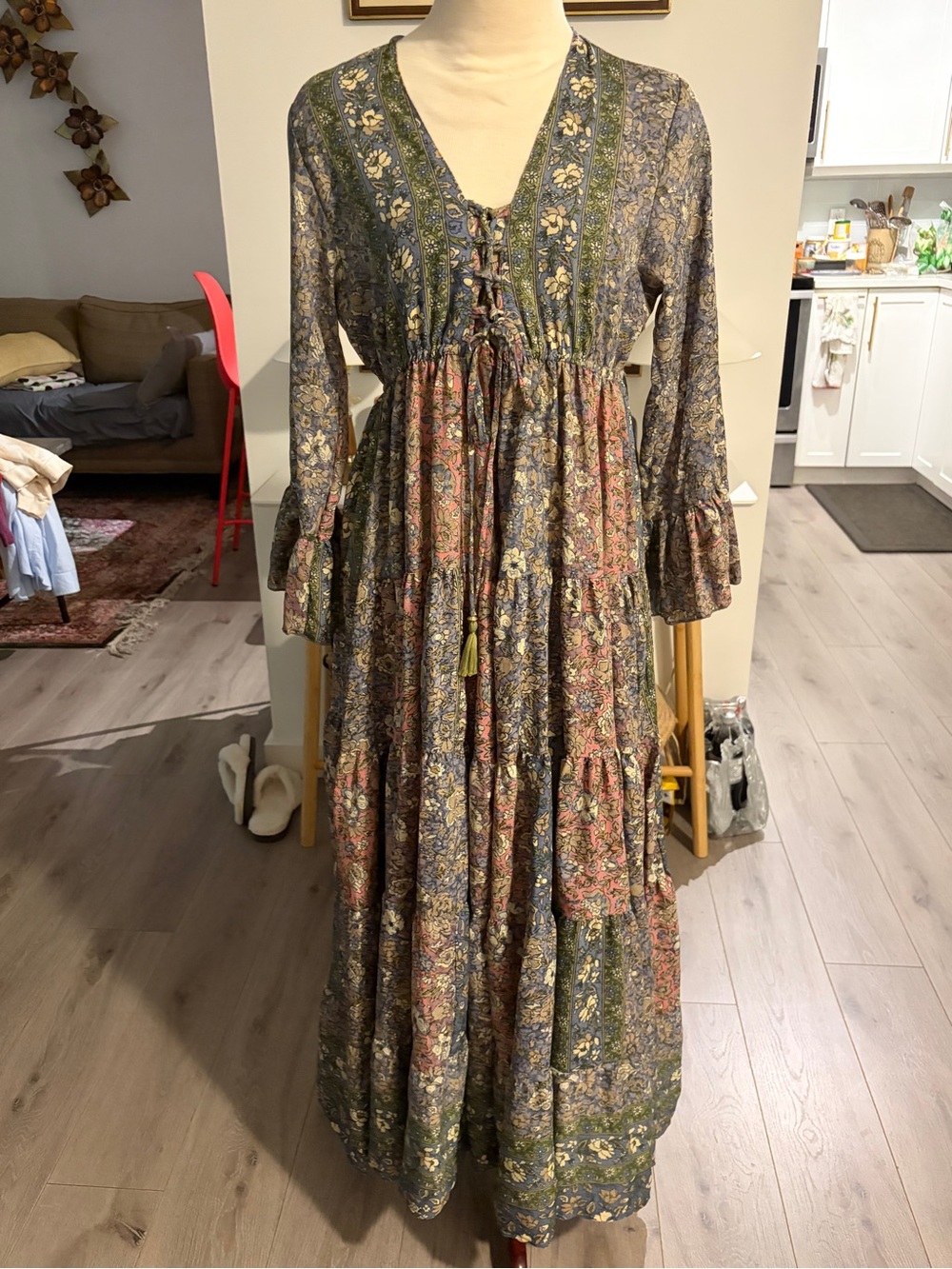 Anthropologie Floral Tiered Maxi Dress in Navy and Olive
